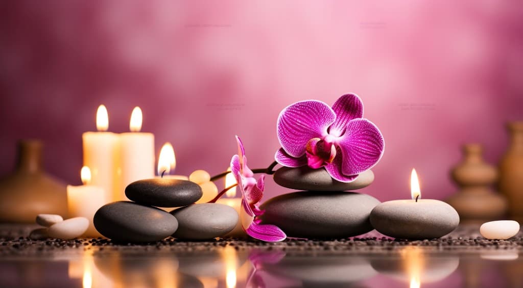 Piedras de spa, velas encendidas y una orquídea en un ambiente de calma